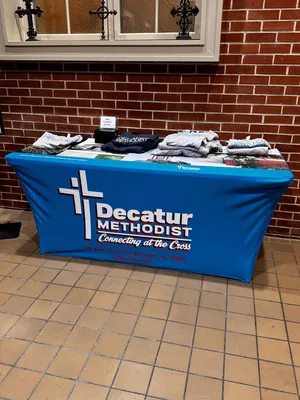 Custom Rectangle Table Covers - Table was used at a church event where we sold t-shirts to our congregation After seeing the tablecloth we have members wanting them for other duties and we will be ordering more
