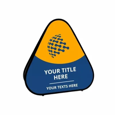 This is a triangular pop-up banner with customizable text areas, featuring a yellow and blue design with a circular pattern on top. Text displayed: 'YOUR TITLE HERE' and 'YOUR TEXTS HERE.'