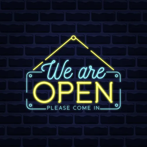 We Are Open Blue and Yellow Neon Sign - Australia Promo Now