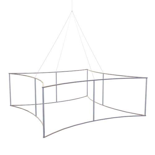A hanging display structure with geometric shapes, likely intended for use at a trade show or exhibition.
