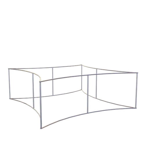 A modular trade show display frame, composed of metal, stands without any coverings or adornments, against a plain background.